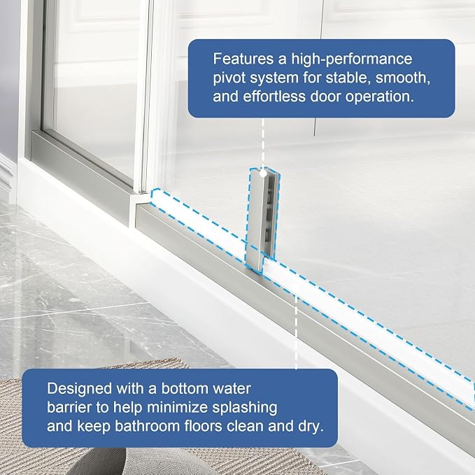 36-42" W x 72" H Semi Frameless Pivot Shower Door Brushed Nickel | 1/4"(6mm) SGCC Tempered Glass with Explosion-Proof Film &Nano Coating,Customizable Width