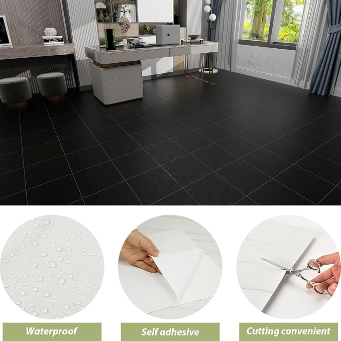 Lareko Black Marble Peel and Stick Vinyl Floor Tiles,20 Tiles - 12" x 12",Waterfproof and Self Adhesive Vinyl Sticker Tiles,Laminate Flooring for for Kichen,Bathroom,Dining Room(Black)