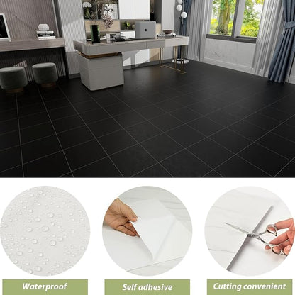 Lareko Black Marble Peel and Stick Vinyl Floor Tiles,20 Tiles - 12" x 12",Waterfproof and Self Adhesive Vinyl Sticker Tiles,Laminate Flooring for for Kichen,Bathroom,Dining Room(Black)