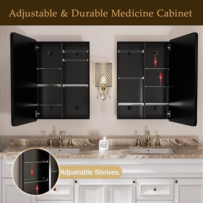 Medicine Cabinet with Mirror 16x24 Inch, Black Aluminum Bathroom Mirror Cabinet with Storage, 8 Adjustable Shelves Including 2 Anti-Tip Acrylic Boards, Recessed or Surface Mount, Soft Close