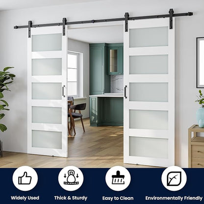 SMARTSTANDARD Double 30×84 Glass Barn Door with Sliding Hardware Kit | Pre-Drilled Ready to Assemble, Waterproof PVC Coating, 5-Panel Glass, White