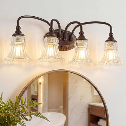 4-Light Vintage Bathroom Light Fixtures, Oil Rubbed Bronze | Vanity Lights Over Mirror with Floral Glass Shade for Bathroom Powder Room, Living Room Hallway