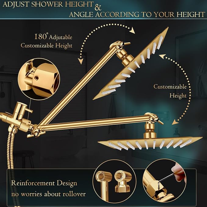 Shower Head,12'' Rain Shower Head with 11'' Extension Arm,Brushed Gold | 5 Settings High Pressure Handheld Shower Head Combo,Adjustable Powerful Shower Spray Against Low Pressure Water