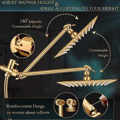Shower Head,12'' Rain Shower Head with 11'' Extension Arm,Brushed Gold | 5 Settings High Pressure Handheld Shower Head Combo,Adjustable Powerful Shower Spray Against Low Pressure Water