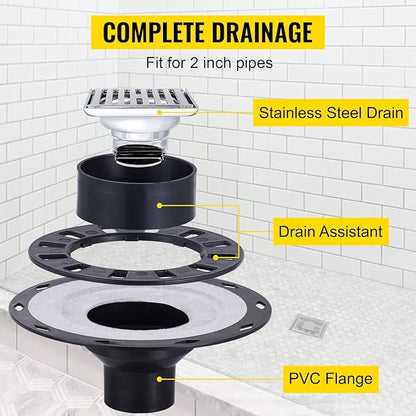 VEVOR Shower Curb Kit, 38"x60" Watertight Shower Curb Overlay with 4" PVC Central Bonding Flange, 4" Stainless Steel Grate, 2 Cuttable Shower Curb and Trowel, Shower Pan Slope Sticks Fit for Bathroom