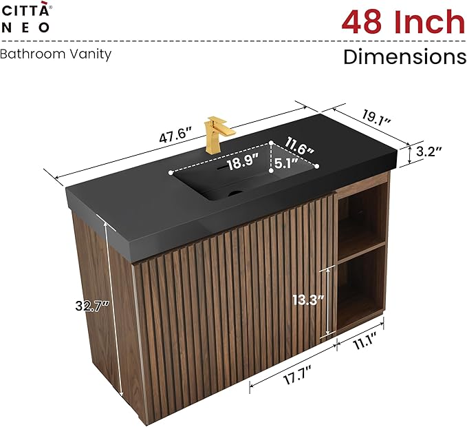 48" Bathroom Vanity with Sink, Freestanding Single Sink Bathroom Vanity with Black Engineered Stone Top & Open Side Storage, Soft-Closing Doors with Adjustable Shelf, Walnut