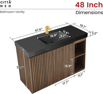 48" Bathroom Vanity with Sink, Freestanding Single Sink Bathroom Vanity with Black Engineered Stone Top & Open Side Storage, Soft-Closing Doors with Adjustable Shelf, Walnut