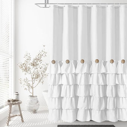 Seasonwood White Ruffle Shower Curtain Farmhouse Shower Curtain 72 X 78 inch Fabric Shower Curtains with Buttons & White Ruffles for Bathroom Bathtubs Decor Accessory