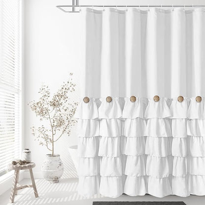 Seasonwood White Ruffle Shower Curtain Farmhouse Shower Curtain 72 X 84 | Natural button accents, layered fabric tiers, shabby chic and French country styling for decorative bathroom updates