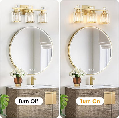 3-Light Gold Bathroom Light Fixtures,Modern Bathroom Vanity Lights Fixture with Clear Crystal Glass Shade, Modern Crystal 3 Lights Wall Sconce for Mirror Bedroom Living Room
