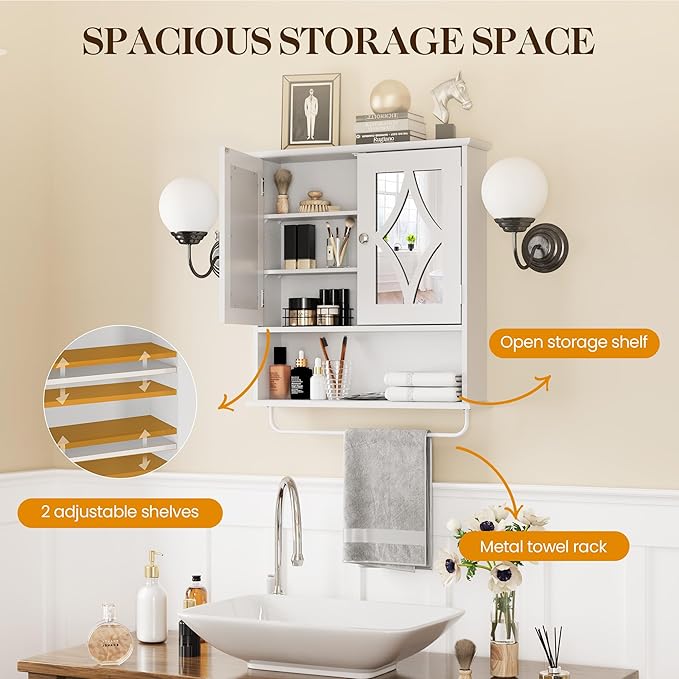 Bathroom Medicine Cabinet with Mirror, Vanity Wall Mounted Storage Cabinet with Adjustable Shelves and Towel Bar, Hanging Wall Cabinet for Bathroom, Laundry, Living Room, White