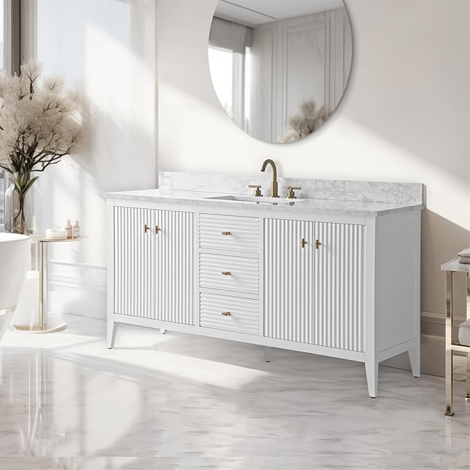 Vanity Art 60 inch Bathroom Vanity with Single Sink & Ceramic Top, Vanity Cabinet with Soft-Closing Door, Solid Wood Frame, Linear Pattern, White, Golden Brushed Handware VA9160-SW-GB