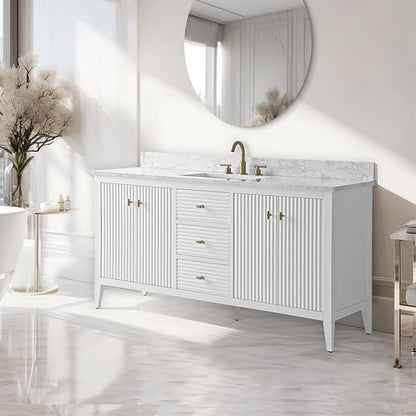 Vanity Art 60 inch Bathroom Vanity with Single Sink & Ceramic Top, Vanity Cabinet with Soft-Closing Door, Solid Wood Frame, Linear Pattern, White, Golden Brushed Handware VA9160-SW-GB