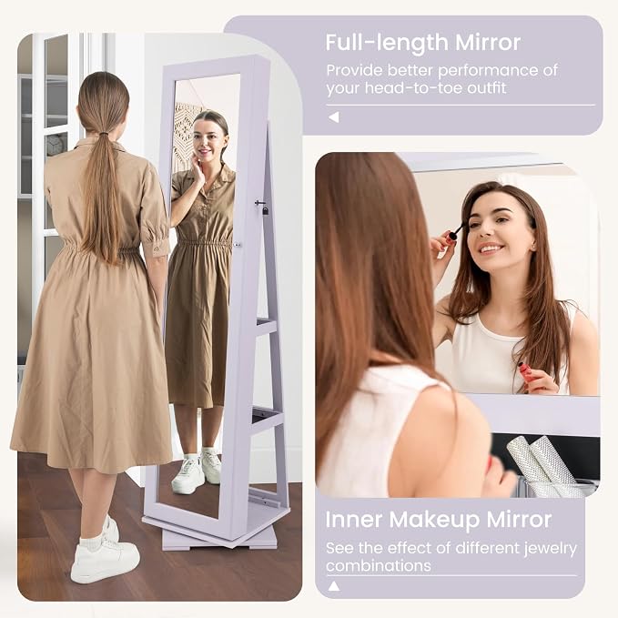 GOFLAME 360° Rotating Jewelry Armoire, Lockable Jewelry Cabinet with Full-Length Mirror & Inner Makeup Mirror, Standing Jewelry Storage Organizer with Rear Storage Shelves, Lavender