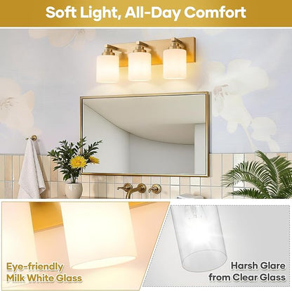 Vanity Lights for Bathroom, 3-Light Brushed Gold Bathroom Vanity Light Over Mirror with Milky White Glass Shades, Modern Bathroom Light Fixtures for Living Room Hallway Cabinet (Bulbs Not Included)