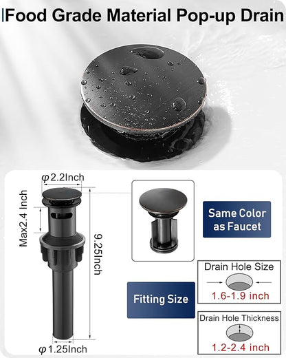 Waterfall Faucet, Brass Oil Rubbed Bronze Bathroom Faucet 1 Hole, Single Handle Bathroom Faucets, 4 Inch 3 Hole Bathroom Sink Faucet with Pop Up Drain Deck Plate & Supply Hoses for Farmhouse