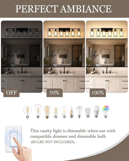 6-Light Matte Black Bathroom Light Fixtures Over Mirror, 42" UL-Listed Modern Wall Sconce Lights with Clear Glass and Metal Cage for Bath, Hardwire E26, CH9176BK-6W