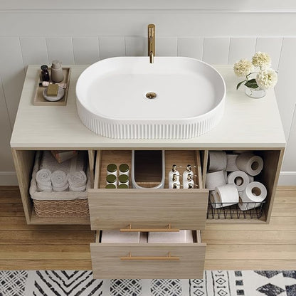 40" Modern Oak Bathroom Vanity Floating Bathroom Vanities with Above-Ground Oval Ceramic Sink 40-inch Wall Mounted Bathroom Sink Cabinet with 2 Drawers&2 Open Shelves&Gold Metal Handle