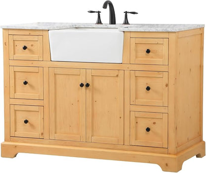 48" Pre-Assembled Bathroom Vanity with Sink, Solid Birch and MDF, Carrara White Marble Countertop Attached, Single Rectangle Porcelain Sink, 6 Soft-Close Drawers, Natural Wood