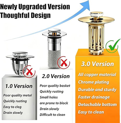 Anlige 3 in 1 Pop Up Bathroom Sink Stopper, Bathroom Sink Drain Strainer with Removable Basket Hair Catcher, Universal Sink Plug Cover for 1.06 in to 1.6 in Drain, Brushed Gold