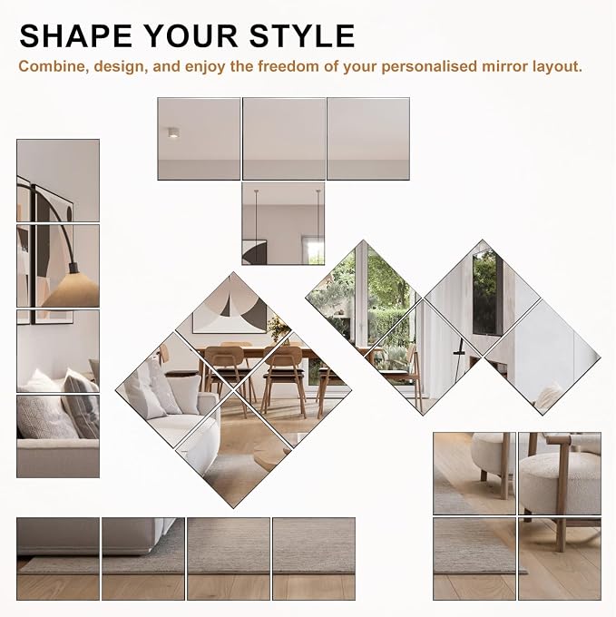 VASUHOME Home Gym Mirrors 12 Inch x 12PCS, HD Glass Wall Mounted Mirror Tiles for Home Gym, Bedroom, Living Room, Door, Closet