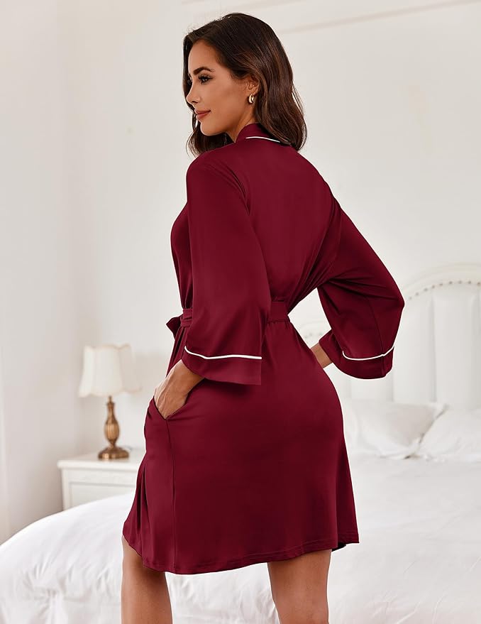 Ekouaer Women Kimono Robes Knee Length Knit Bathrobe Lightweight Soft Sleepwear V-neck Casual Ladies Loungewear