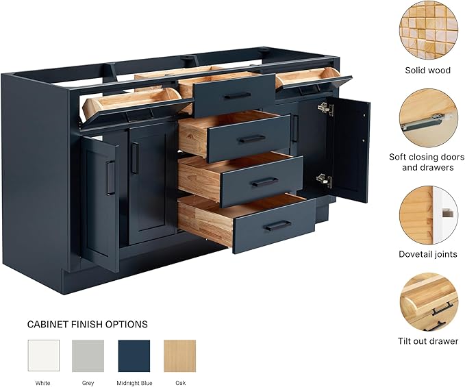 ARIEL Hepburn 66-inch Bathroom Vanity Base Cabinet,Solid Wood, 4 Soft Closing Doors, 6 Dovetail Drawers, Midnight Blue