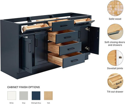 ARIEL Hepburn 66-inch Bathroom Vanity Base Cabinet,Solid Wood, 4 Soft Closing Doors, 6 Dovetail Drawers, Midnight Blue