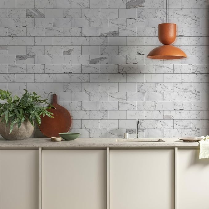 Vamos Tile 100-Piece Glossy Statury White Peel and Stick Backsplash Tile,3''x6'' PVC Subway Tile with Dark Gray Grout, Stick on Backsplash for Kitchen/Bathroom/Fireplace