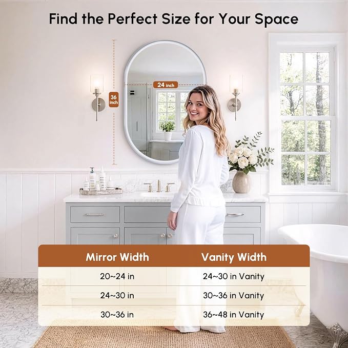 Brushed Nickel Pill Oval Mirror for Bathroom 24x36 Inch | Small Silver Vanity Mirror, HD Glass, Rust-Proof Aluminum Frame, Inner-Curved Decor for Bedroom, Entryway Renovation