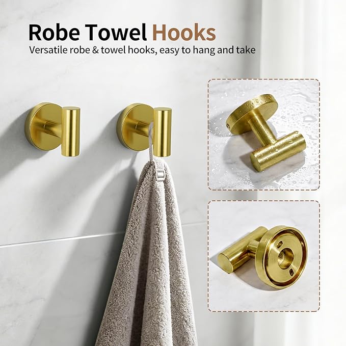 5-Piece Gold Bathroom Accessories Set Complete Wall Mounted | Includes Towel Bar, Paper Holder, Towel Ring, 2 Robe Hooks, durable gold finish and wall anchors