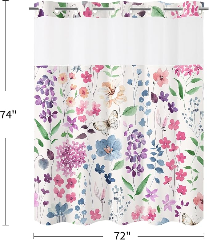 No Hook Colorful Watercolor Floral Shower Curtain and Liner Set, 72x74 | Spring Flower Shower Curtains with Snap-in Liner for Farmhouse Bathroom Decor, Botanical Bathroom Curtain with Leaves