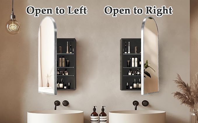 Silver Medicine Cabinet with Mirror,Arched Bathroom Cabinet Left or Right Opening,Wall Mounted Medicine Cabinet,Bathroom Vanity Mirror with Storage,Adjustable Shelves, Not Recessed,16x30 inch