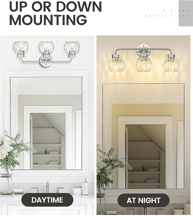 zeyu Brushed Nickel Bathroom Light Fixtures, 23 Inch 3-Light Modern Vanity Light Over Mirror with Water Ripple Globe Glass, Brushed Nickel Finish, ZS62BG-3W BN-WG