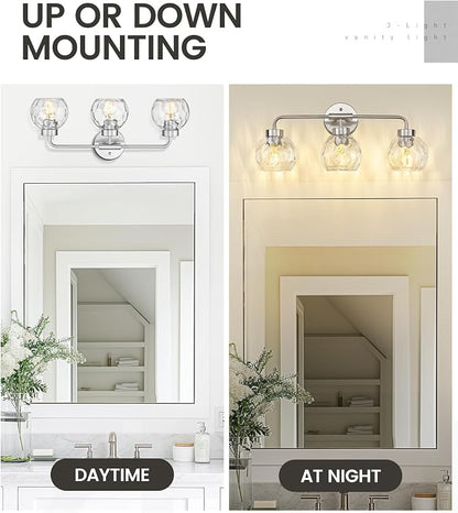 zeyu Brushed Nickel Bathroom Light Fixtures, 23 Inch 3-Light Modern Vanity Light Over Mirror with Water Ripple Globe Glass, Brushed Nickel Finish, ZS62BG-3W BN-WG