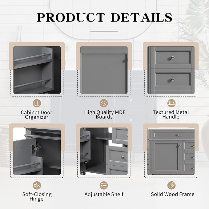 36" Bathroom Vanity Without Top Sink,Modern Freestanding Storage Cabinet with 2 Soft-Close Drawers & Tip-Out Tray,Solid Wood Frame Vanity Only w/Adjustable Shelf & Door Organizer,Grey