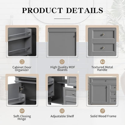 36" Bathroom Vanity Without Top Sink,Modern Freestanding Storage Cabinet with 2 Soft-Close Drawers & Tip-Out Tray,Solid Wood Frame Vanity Only w/Adjustable Shelf & Door Organizer,Grey