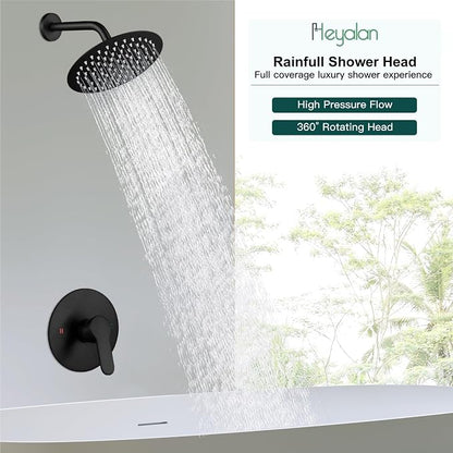 Heyalan 8-Inch Round Rain Shower Faucet Set with Valve, Matte Black | SUS304 stainless steel shower head, brass rough-in valve, single-handle control, 1.8 GPM, ideal for bathroom remodels
