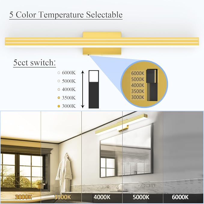 Ralbay 40inch Gold Vanity Light with 5 Color Temperature (2700K-6000K) Dimmable Acrylic Metal 36W LED Modern Matte Gold Bathroom Lighting Over Mirror