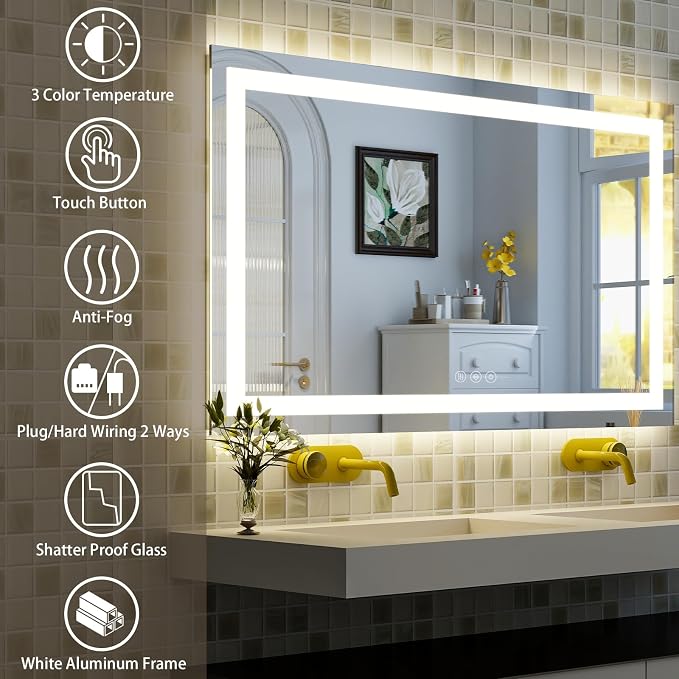 XRAMFY 55''X30'' LED Bathroom Mirror, Wall Mirror with Lights | Wall Mirror with Front and Backlight, 3 Colors Vanity Mirror with Lights, Anti-Fog Wall Mirror for Bathroom
