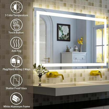 XRAMFY 48''X32'' LED Bathroom Mirror, Wall Mirror with Lights | Wall Mirror with Front and Backlight, 3 Colors Vanity Mirror with Lights, Anti-Fog Wall Mirror for Bathroom