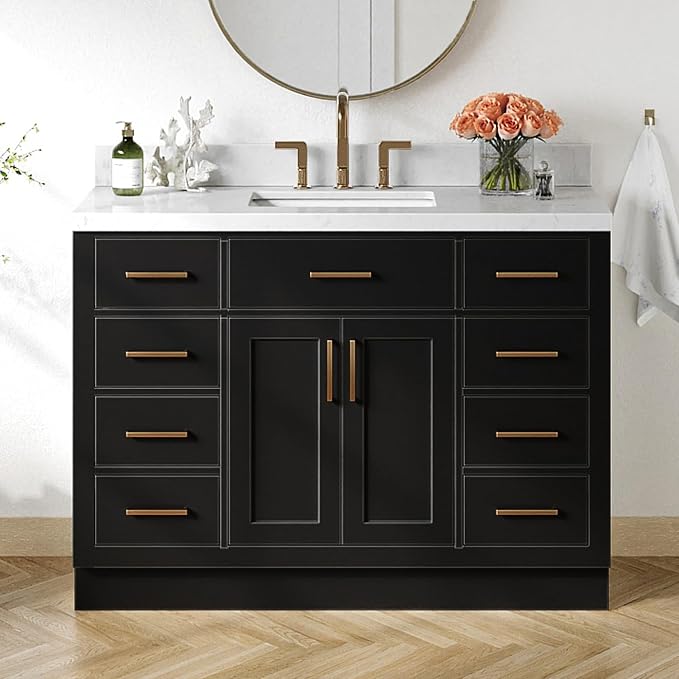 Isabella 48-Inch Bathroom Vanity with Sink — Black Single Sink Bathroom Vanity, 1.5" Edge Carrara Quartz Countertop, Solid Wood, 2 Soft-Close Doors, 8 Dovetail Drawers + Tilt Drawer