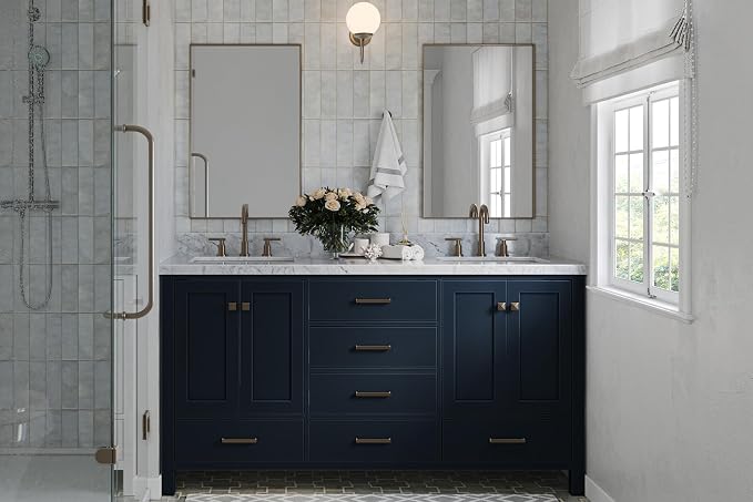 Beckford 66" Midnight Blue Double Bathroom Vanity with Sink, 1.5" Edge Italian Carrara Marble Countertop, 2 Rectangular Undermount Sinks, 4 Soft Closing Doors, 6 Dovetail Drawers, Satin Brass