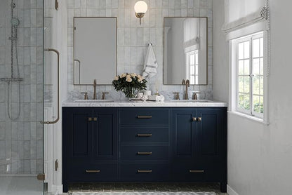 Beckford 66" Midnight Blue Double Bathroom Vanity with Sink, 1.5" Edge Italian Carrara Marble Countertop, 2 Rectangular Undermount Sinks, 4 Soft Closing Doors, 6 Dovetail Drawers, Satin Brass