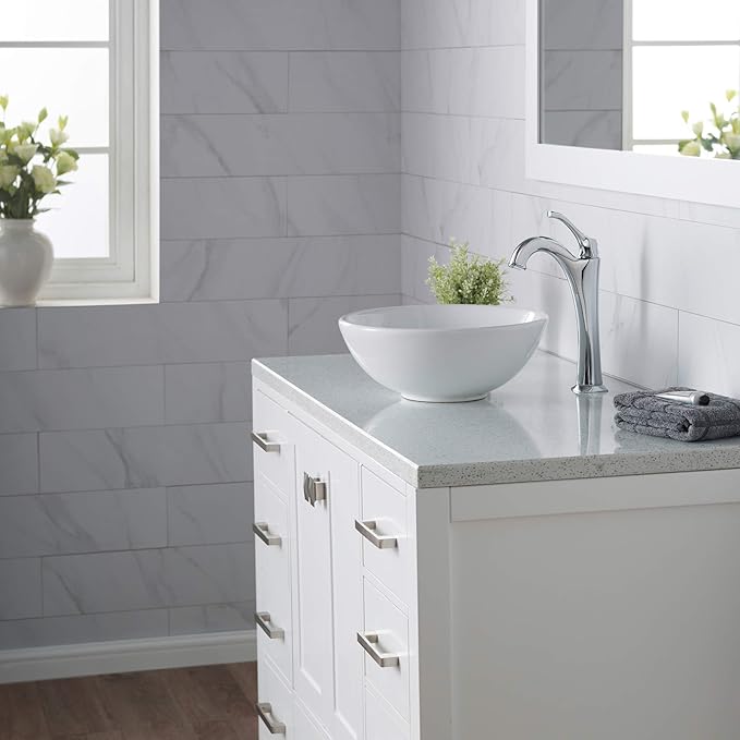 KRAUS Elavo 14-inch Round White Porcelain Ceramic Bathroom Vessel Sink and Arlo Faucet Combo Set with Pop-Up Drain, Chrome C-KCV-341-1200CH