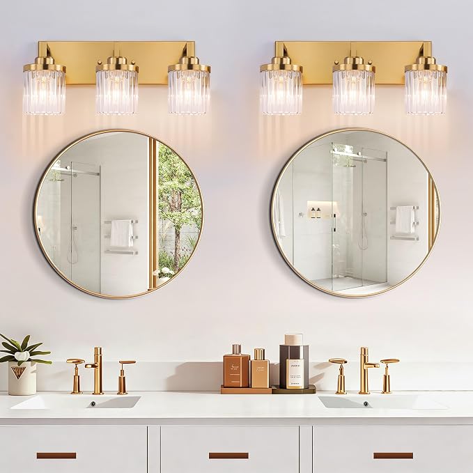 Modern 3-Light Gold Vanity Lights, Crystal Glass Bathroom Fixtures | Brushed Gold Finish, Rust-resistant Metal, Industrial Design, E26 Compatible, Over Mirror Wall Light for Bathroom Restroom