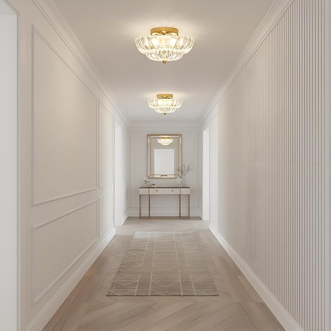 Clear Glass Semi Flush Mount Ceiling Light Fixture,11.8 in,3-Lights | Flower Shape,Round Gold Base,Use E26 Bulb,Support Dimmable,for Hallway,Bedroom,Bathroom,Foyer,Closet,Entryway,Laundry Room