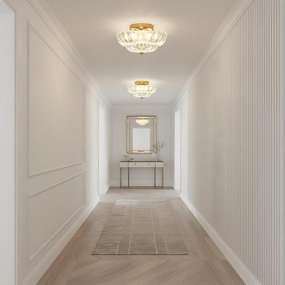 Clear Glass Semi Flush Mount Ceiling Light Fixture,11.8 in,3-Lights | Flower Shape,Round Gold Base,Use E26 Bulb,Support Dimmable,for Hallway,Bedroom,Bathroom,Foyer,Closet,Entryway,Laundry Room