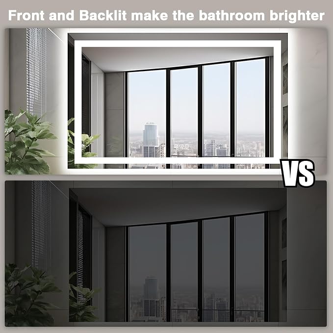 EchosLife 50"x36" Lighted Mirrors for Bathroom Wall | Backlit + Front Lit, Anti-Fog, Stepless Dimmable, 3 Colors, Memory, Tempered Glass, UL Listed, Horizontal/Vertical