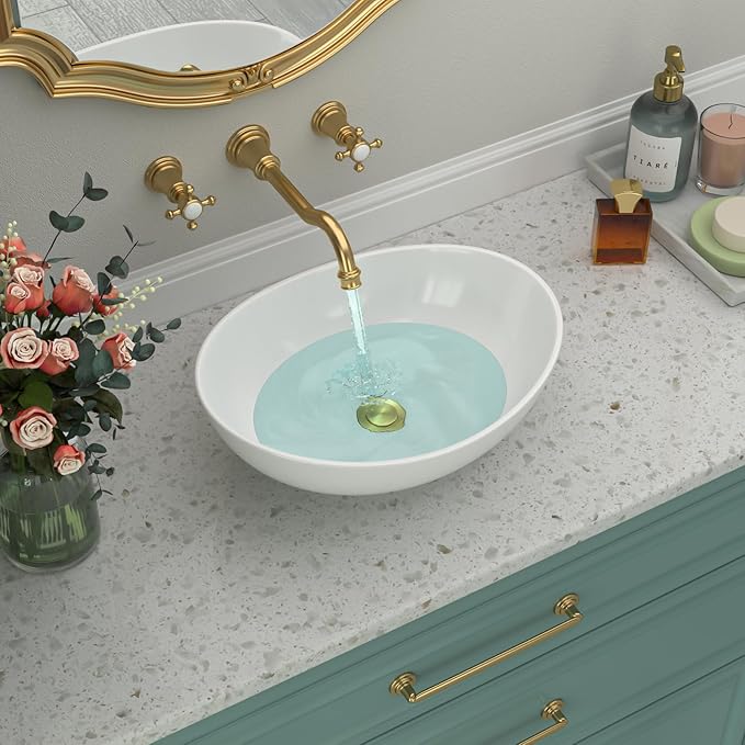 Oval Bathroom Vessel Sink - 16 x 13 inch Small Vessel Sink White Porcelain Ceramic RV Tiny Sink Above Counter Modern Egg Shape Art Sink
